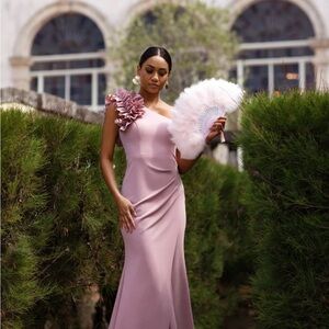 Xscape Blush Pink One Shoulder Ruffle Formal Gown Size 12P Petite NWT Evening